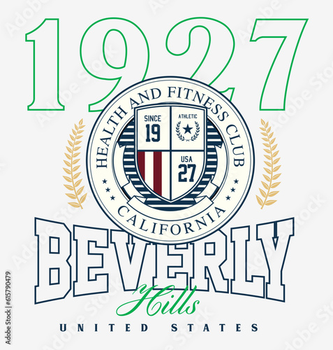 logo slogan graphic, retro college university with sport, shield and laurel. city beverly hills, health and fitness club summer SS23 tennis crest sport, varsity design