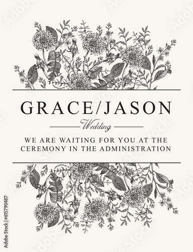 Dandelion isolated floral. Thank You. Wedding invitation baroque. Beautiful blooming realistic flowers. Vintage greeting card. Drawing engraving frame. Wallpaper vector illustration