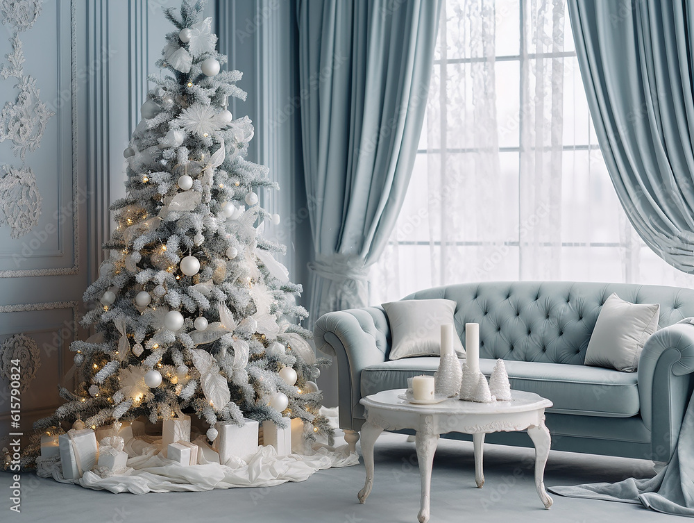 Alberi Di Natale Bianchi E Blu sfondo natalizio con divano e albero di natale bianchi, soggiorno
