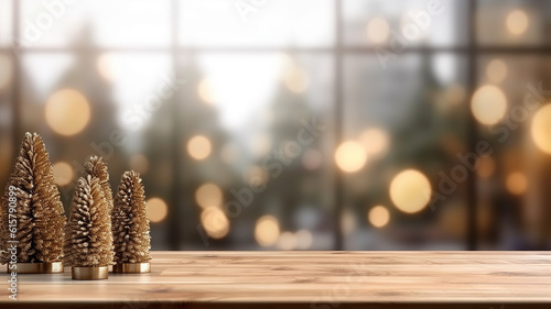 Titolo	
mock up di tavolo in legno ideale per inserimento prodotti, su sfondo natalizio con alberi sfocati e luci di natale
 photo
