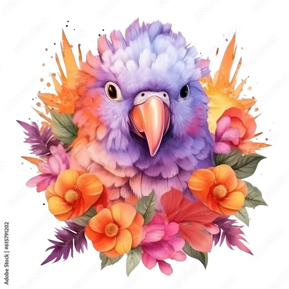 Cute parrot animal with flower in the watercolor style. Generative ai illustration Cute parrot animal with flower in the watercolor style. Generative ai illustration