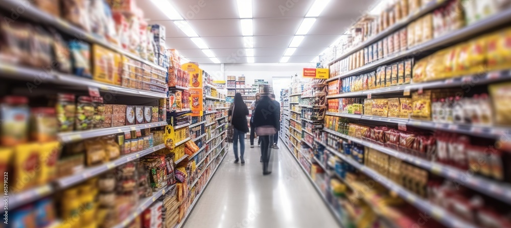 Supermarket aisle shopping defocused background. Generative AI technology.