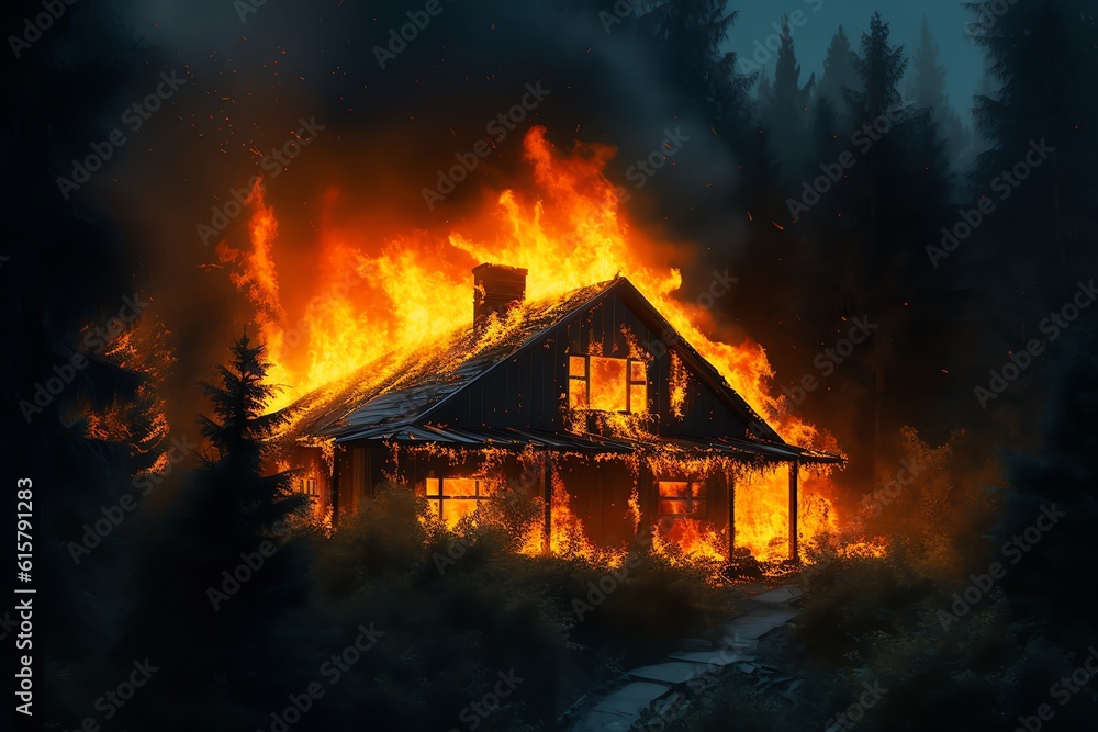 Burning wooden house bright orange flames background