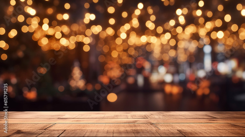 Titolo	
mock up di tavolo in legno ideale per inserimento prodotti, su sfondo natalizio con alberi sfocati e luci di natale
 photo