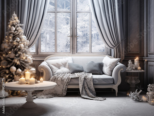 sfondo natalizio di soggiorno stiloso e lussuoso con albero di natale e luci calde,  soggiorno natalizio, addobbi , divano, grandi finestre, atmosfera di festa photo