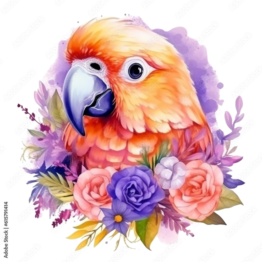Cute parrot animal with flower in the watercolor style. Generative ai illustration Cute parrot animal with flower in the watercolor style. Generative ai illustration