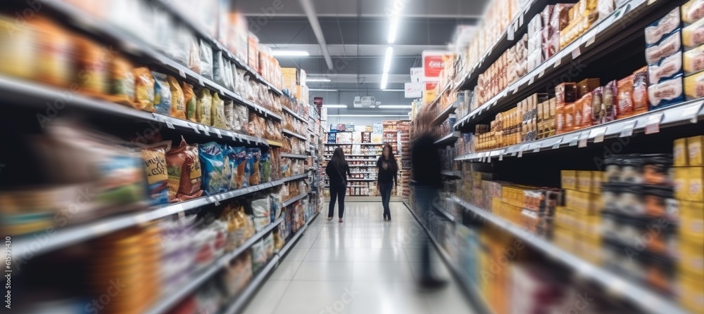 People grocery shopping at supermarket aisle defocused background. Generative AI technology.
