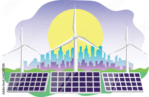 The concept of clean and renewable energies. Economic and green city without pollution. Electric energy from solar panels and wind turbines.