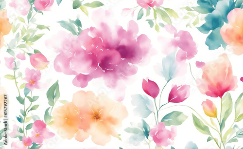 Fototapeta Naklejka Na Ścianę i Meble -  Watercolor flowers background, abstract floral pattern isolated on white. Generative AI.