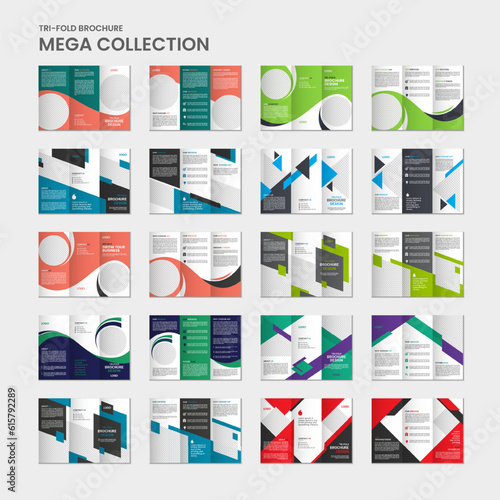 Mega pack colorful geometric trifold Brochure template, mega collection brochure design, mega set of trifold brochure template design with mockup