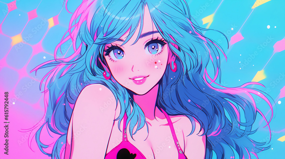 Obraz premium hand drawn cartoon anime cool swimsuit girl illustration in summer