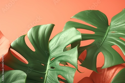 Philodendron tropical leaves on coral color background minimal summer by generative ai photo