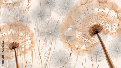 Dandelion dreamy background, earth colors and grey. Delicate colored, calm backdrop. Luxury texture of nature renewal. Generative Ai.