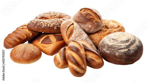 Homemade variety of pastry,french baguette,sourdough and bread whole grains on transparent background. Generative Ai © Areerat