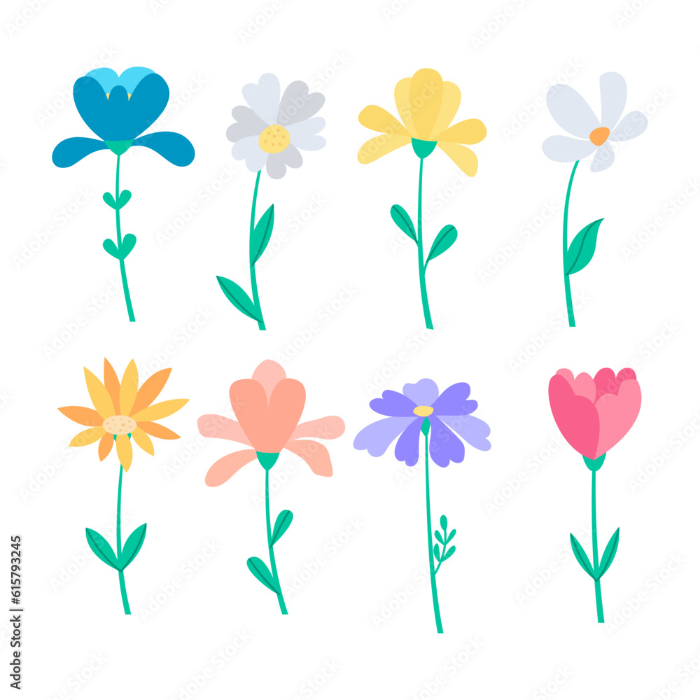 Set of flat flowers doodles collection