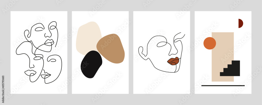 Vector illustration. Set of abstract posters. Modern backgrounds. Features of the girl's face. Mid-century wall decor. Design elements for book cover, page template, print, card, brochure, magazine.