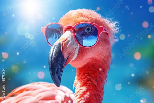 Pink flamingo wearing summer sunglasses