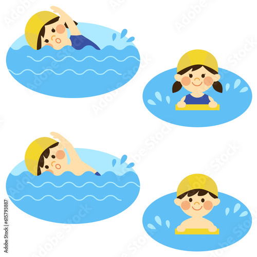 プールで泳ぐ男の子と女の子セット