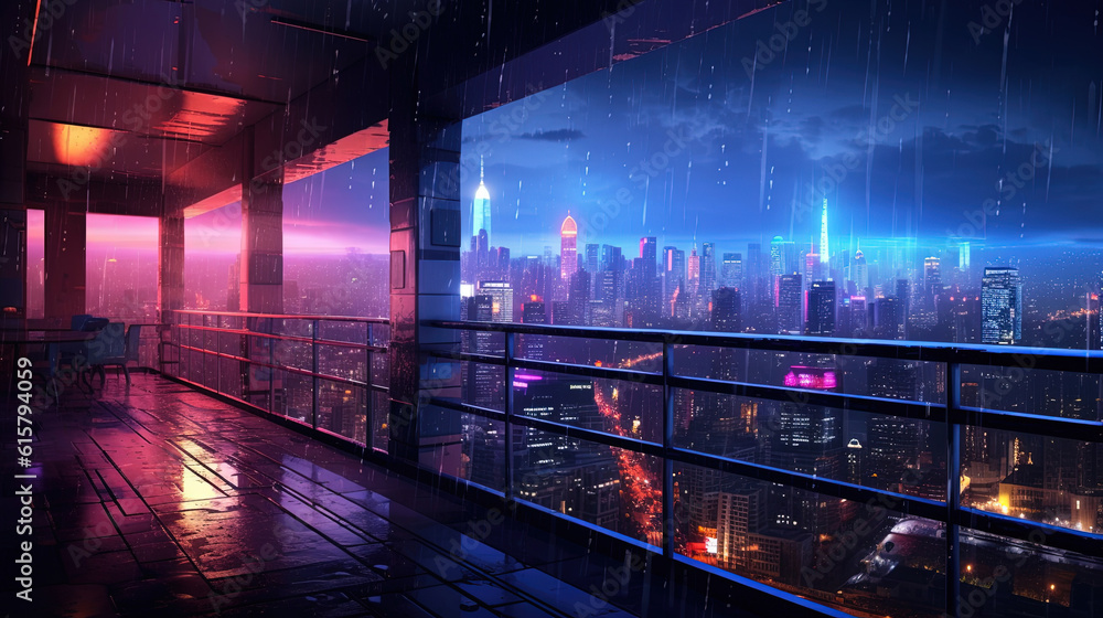 Balcony under a rainy night sky with a futuristic view of the city with tall buildings and neon lights