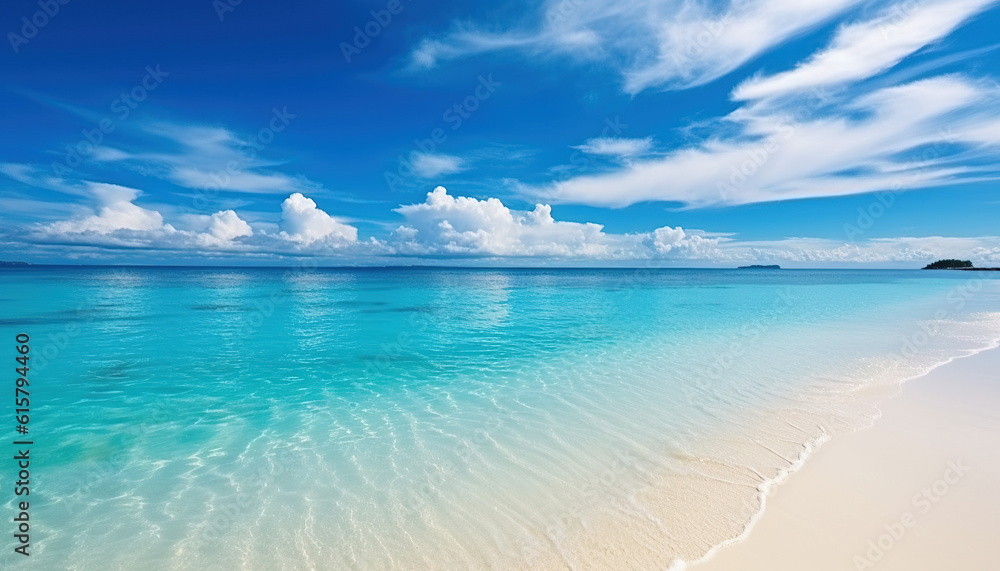 Beautiful seascape with sandy beach with few palm trees and blue lagoon
