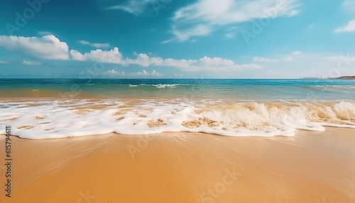 Beautiful seascape with sandy beach with few palm trees and blue lagoon 