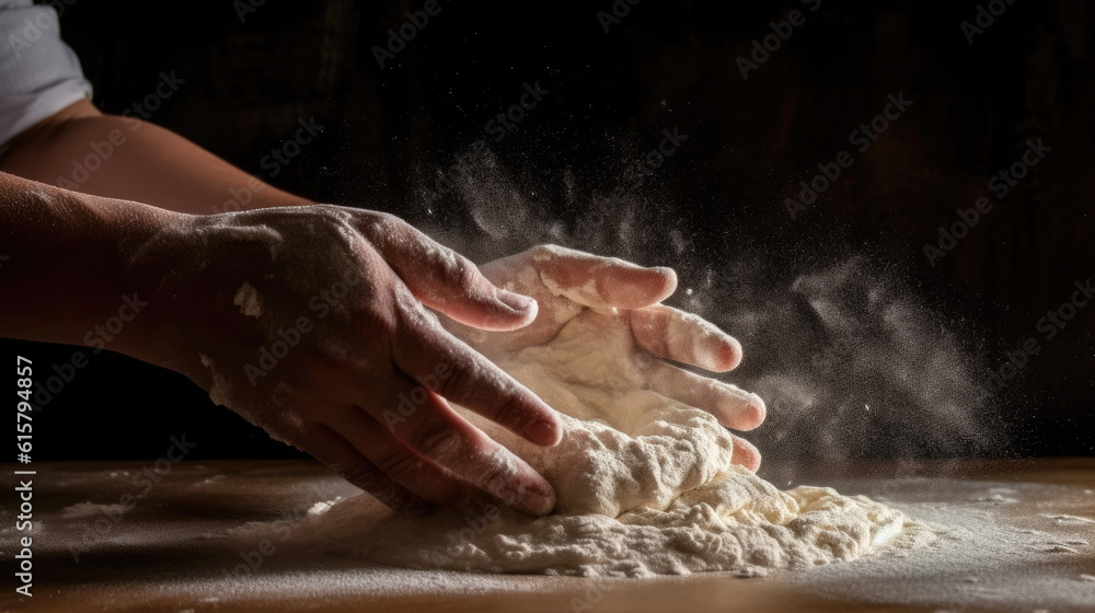 Chef prepares the dough with flour to make pasta, pizza or bread. Generative AI Chef prepares the dough with flour to make pasta, pizza or bread. Generative AI