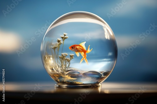 single gold fish with sky in the rounded glass under the sky