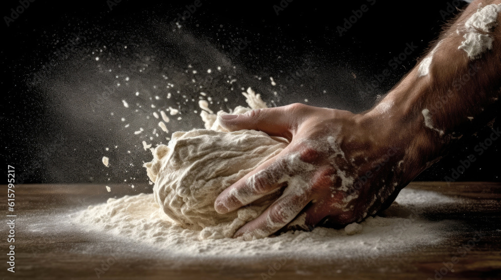 Fototapeta premium Chef prepares the dough with flour to make pasta, pizza or bread. Generative AI
