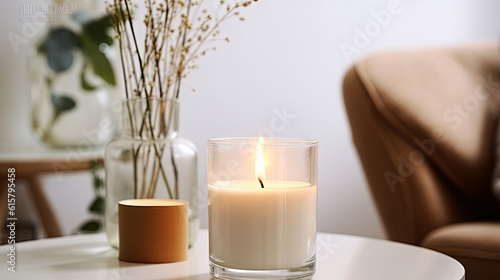 Clear glass burning candle. Bright white cozy home interior