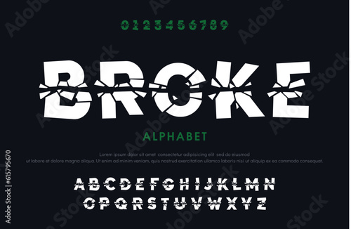 Broke style font, alphabet with letters and numbers vector illustration
