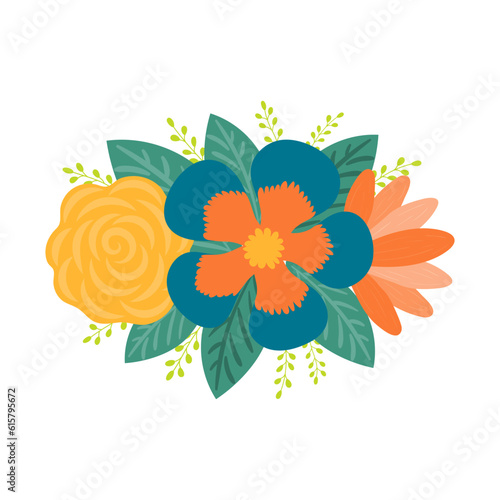 Tropical flowers bouquet hand drawn illustration. Flat cartoon style design, isolated vector. Exotic blossoms, blooms, rainforest plant, jungle flora, botanical, floral elements composition