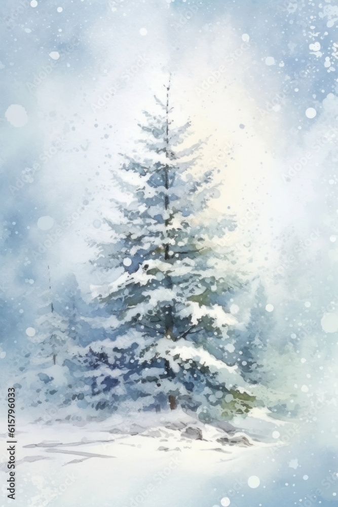 Watercolor spruce tree in the winter forest with snowfall Generative AI