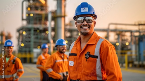 Genarative AI Worker at the oil field , natural gas storage in the background.Refinery