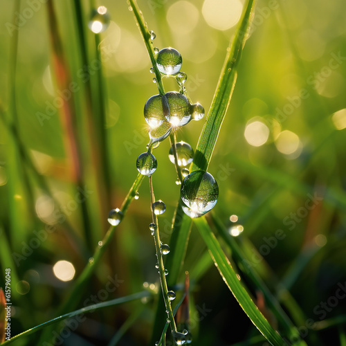 Fresh green grass with dew drops close up. Nature background