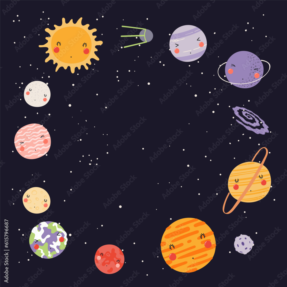 Space background with cute Solar system planets, stars. Hand drawn flat style vector illustration. Cosmic kids print design element. Cosmos, astronomy, astrology, universe backdrop, wallpaper Space background with cute Solar system planets, stars. Hand drawn flat style vector illustration. Cosmic kids print design element. Cosmos, astronomy, astrology, universe backdrop, wallpaper