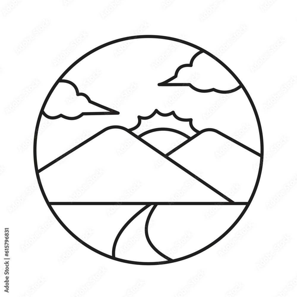 Sunset or dawn behind two mountains with street and clouds on the sky background vector icon isolated on square white background. Simple flat minimalist outlined drawing with farming theme. Sunset or dawn behind two mountains with street and clouds on the sky background vector icon isolated on square white background. Simple flat minimalist outlined drawing with farming theme.