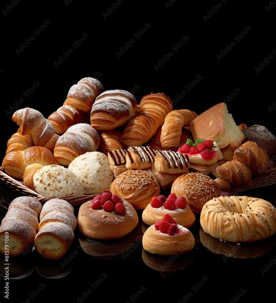 various types of bread and pastries on a black surface with reflections in the fore - image taken from above
