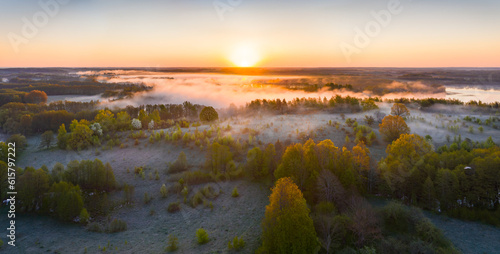 Aerial view of a foggy sunrise photo