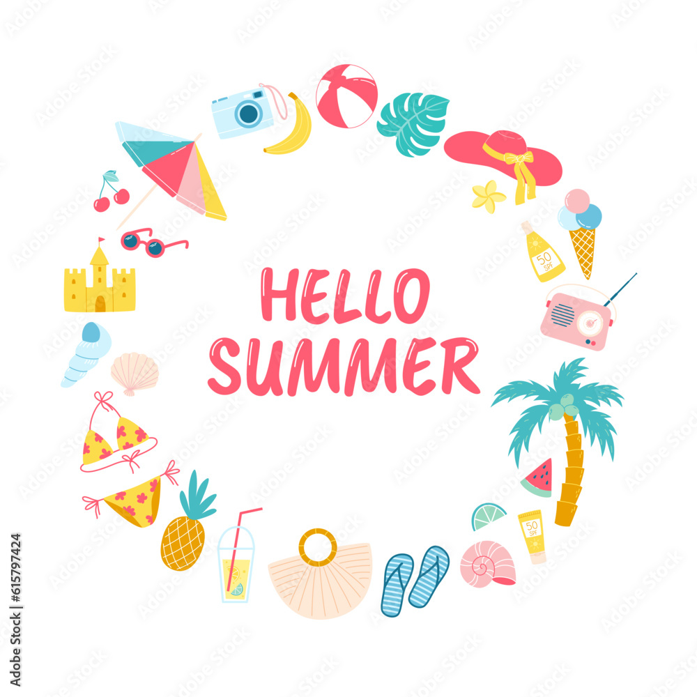 Set of summer beach items arranged in circle with quote Hello Summer inside. Collection of accesories for summer vacations. Vector illustration