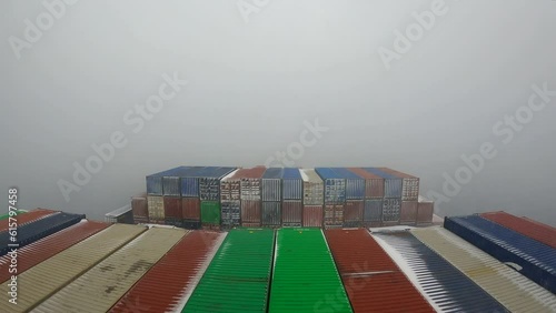 Time lapse of ultra large container ship full of cargo containers passing through the snow storm in Pacific ocean during winter time. 