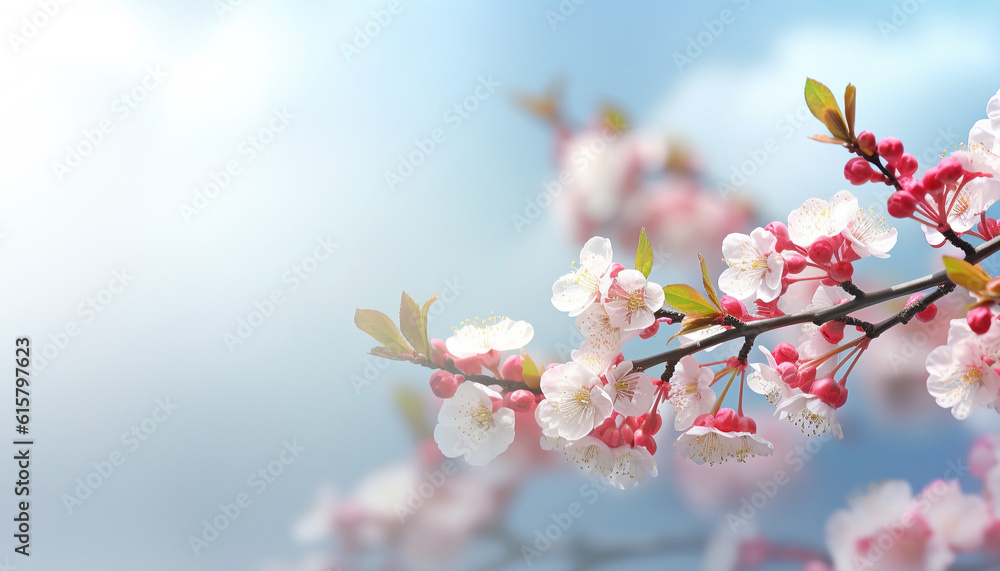 Beautiful blooming branch of cherry sky background with sapce for text