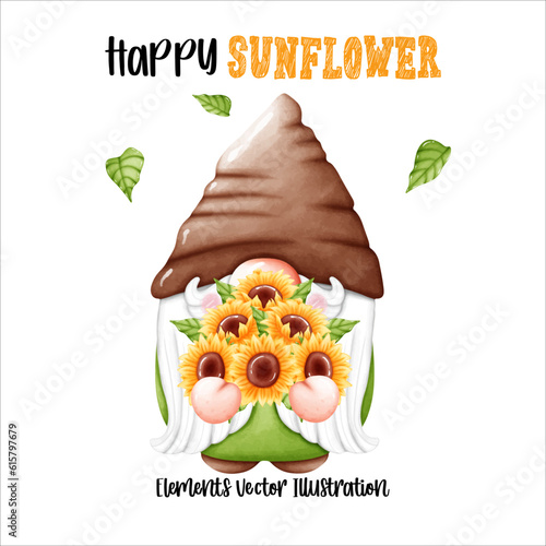 Gnome Sunflower Element Watercolor Vector File ,Clipart Cute cartoon vintage-Retro style For banner, poster, card, t shirt, sticker