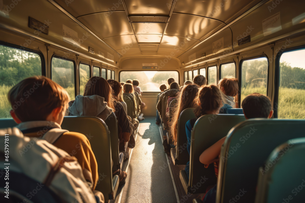 Interior shot of school children sitting on a bus. Back to school concept