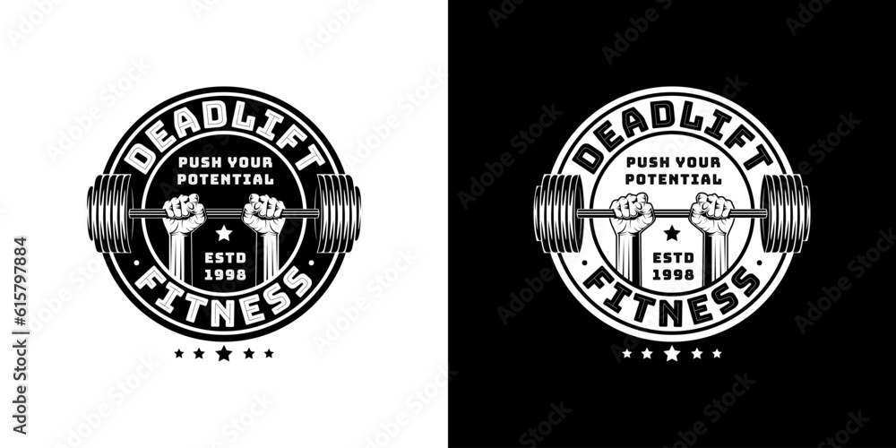 illustration of a rough strong clenched hand fist holding lifting a barbell or dumbbell. weight lifting gym fitness sport club vintage retro emblem badge label logo design