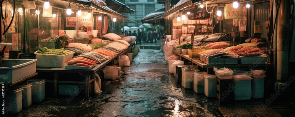Japanese raw fish market, wet market or fresh seafood market. Hand edited generative AI.
