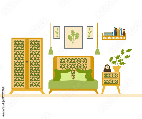 The concept of a cozy bedroom interior with Art Deco and Art Nouveau furniture. Vector illustration in a flat hand-drawn style.