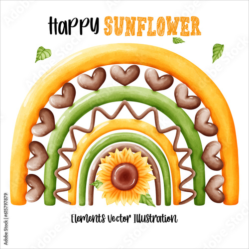 Rainbow Sunflower Element Watercolor Vector File ,Clipart Cute cartoon vintage-Retro style For banner, poster, card, t shirt, sticker
