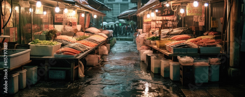 Japanese raw fish market, wet market or fresh seafood market. Hand edited generative AI.
 photo