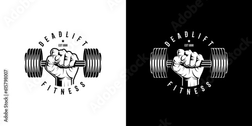 illustration of a rough strong clenched hand fist holding lifting a barbell or dumbbell. weight lifting gym fitness sport club vintage retro emblem badge label logo design