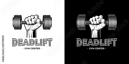 illustration of a rough strong clenched hand fist holding lifting a barbell or dumbbell. weight lifting gym fitness sport club vintage retro emblem badge label logo design
